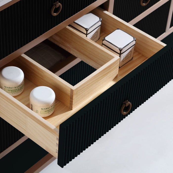 FusionBath Premium 36" Tricorn Black Oak Wood Vanity – Golden Brushed Steel Frame with White Artificial Stone Top & Soft-Close Drawers