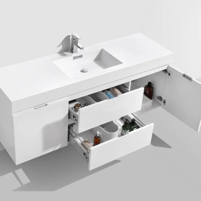 Amisa 60" Modern White Wall Mount Bathroom Vanity – Single Sink with Soft-Close Doors and Drawers