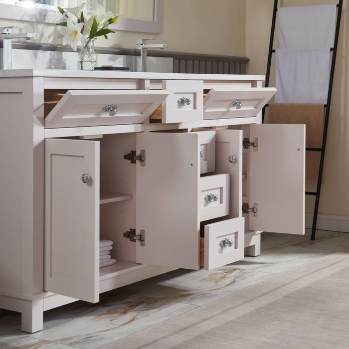 Cassandra 60" Solid Wood Bathroom Vanity White Finish Undermount Sink & Stone Top