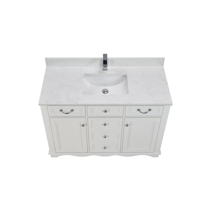Arielle 48" White Wood Single Sink Vanity Cabinet - Artificial Stone Countertop, Soft-Close Doors & 5 Drawers