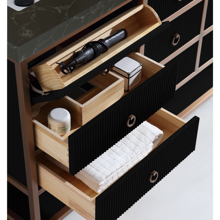 Kimberly 60" Double Bathroom Vanity Tricorn Black Finish - Stainless Steel Frame with 7 Drawers