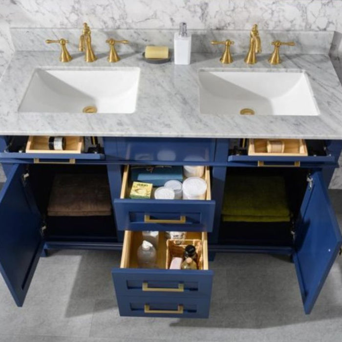 Herzen 54" Blue Wood Double Sink Vanity – Carrara Top & Soft Close Drawers