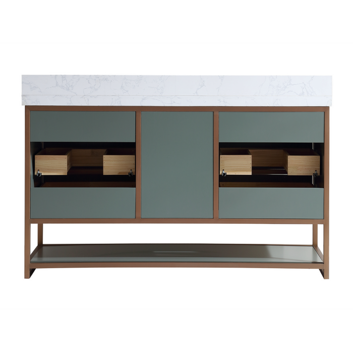 60" Double Vanity Stainless Steel Golden Brush Frame – Contemporary Pewter Green 2" White Marble Top 9 Drawers