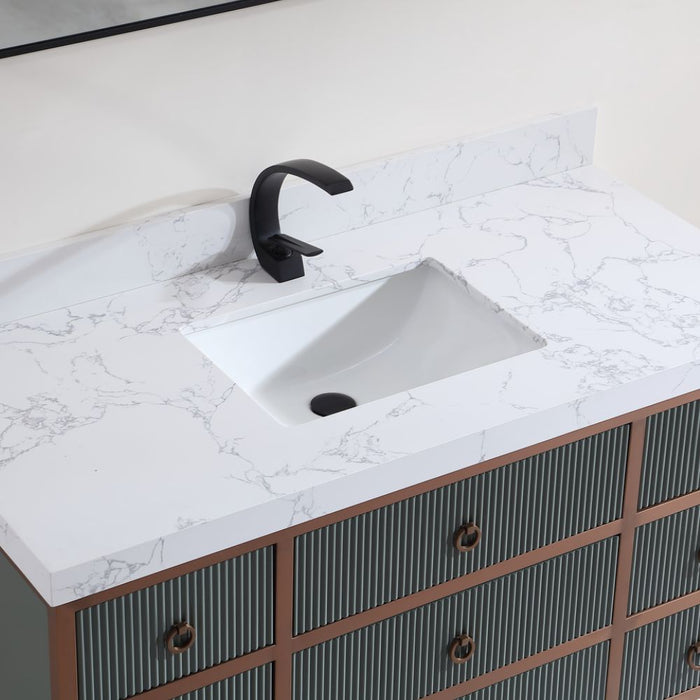 Luxury Line 48" Pewter Green 8-Drawer Bathroom Vanity – Golden Brush Steel Frame Thick White Artificial Stone