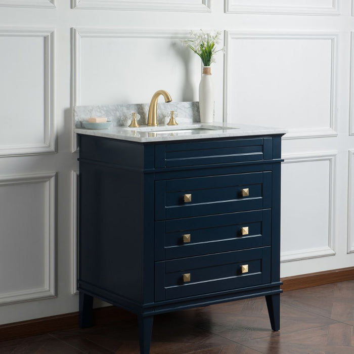 Quinne 30" Birch Wood Bathroom Vanity with Carrara Marble Top - 3 Drawer Storage & Gold Hardware