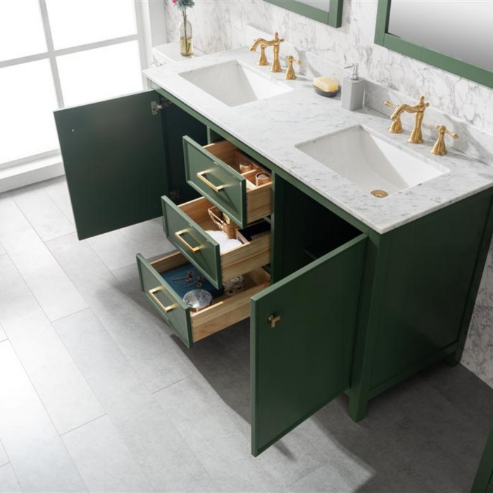 60" Seva Green Finish Double Sink Bathroom Vanity Cabinet with Carrara White Marble & 3 Drawers