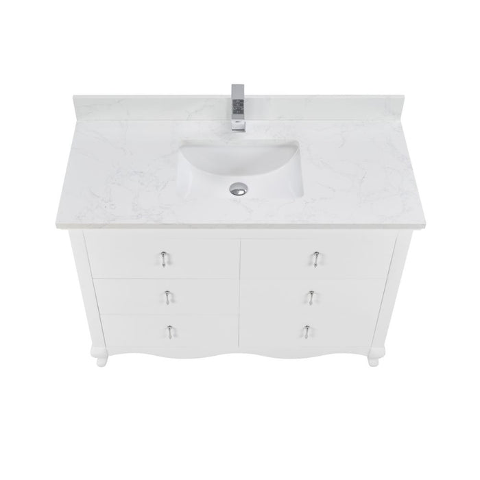 Leyton 48" White Single Sink Vanity - Solid Wood Construction with 1" Stone Countertop & 6 Drawers