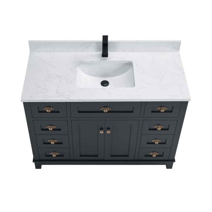 Haversham 48" Tricorn Black Free-Standing Single Vanity - Solid Wood Construction with 8 Dovetail Drawers & Stone Top