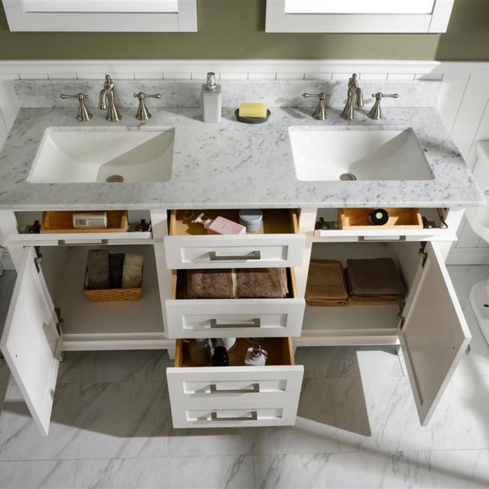 Sandrine 60" White Wood Double Vanity – Carrara Top & Storage Drawers