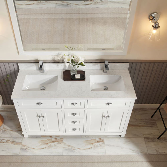 Miren 60" White Classic Solid Wood Bathroom Vanity with Artificial Stone Top, 6 Drawers & 4 Doors
