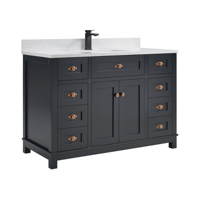 Haversham 48" Tricorn Black Free-Standing Single Vanity - Solid Wood Construction with 8 Dovetail Drawers & Stone Top