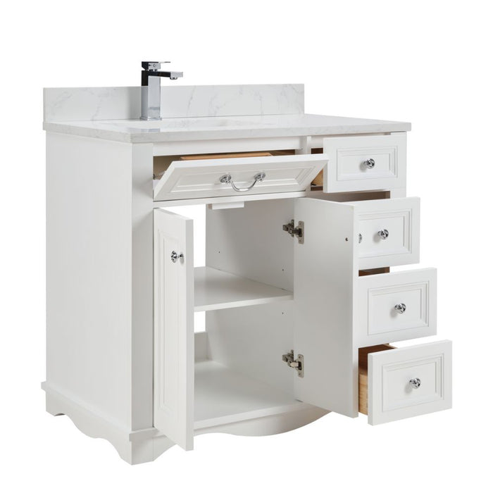 Vologne 36" White Solid Wood Bathroom Vanity Cabinet with Artificial Stone Top, Soft-Close Drawers & Dovetail Construction