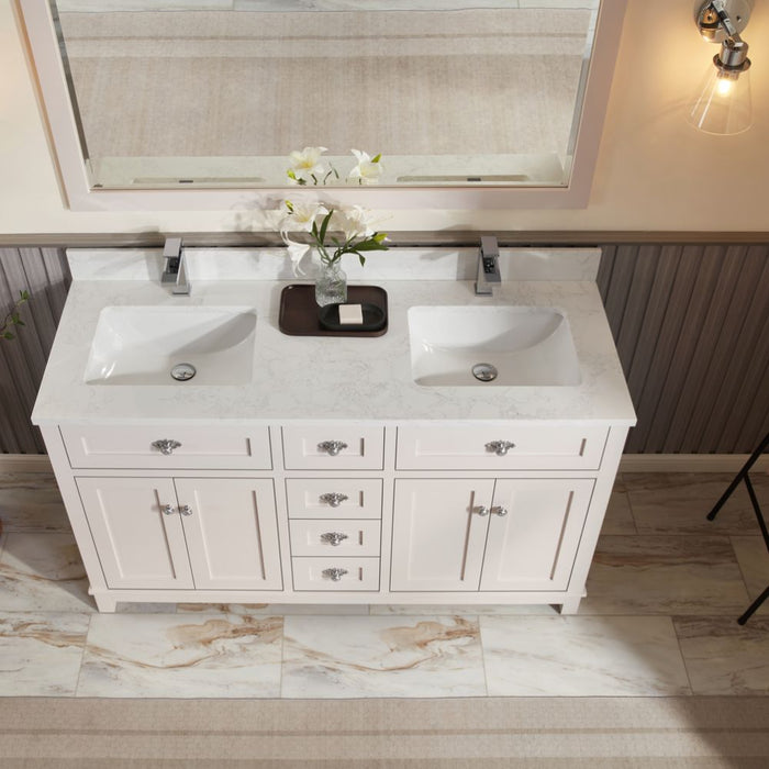 Cassandra 60" Solid Wood Bathroom Vanity White Finish Undermount Sink & Stone Top
