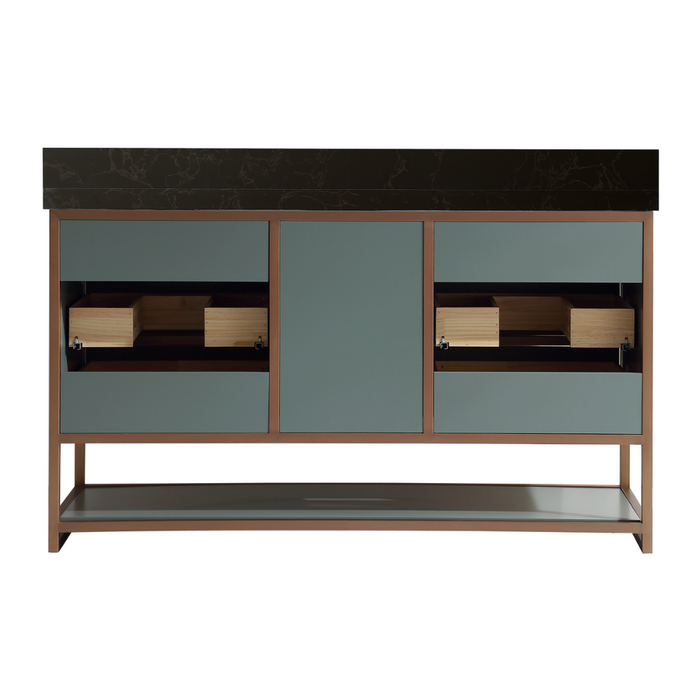 Cadencia 60" Pewter Green Double Vanity with Golden Brush Stainless Steel Frame – Modern Industrial Style with 2" Black Natural Stone Top
