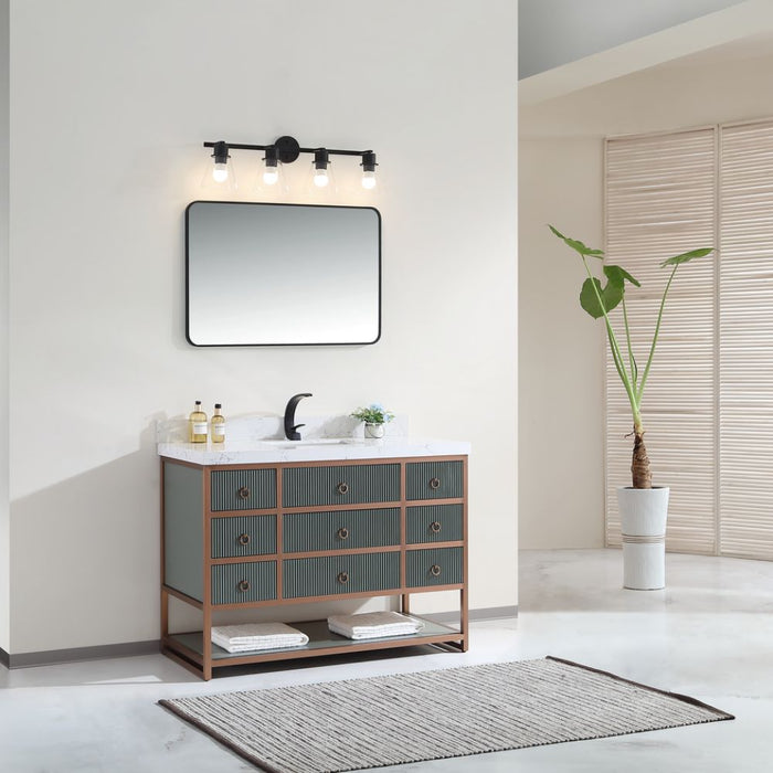 Luxury Line 48" Pewter Green 8-Drawer Bathroom Vanity – Golden Brush Steel Frame Thick White Artificial Stone