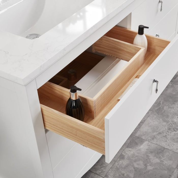 Samuel Classic 60" White Solid Wood Bathroom Vanity - Single Undermount Sink with Artificial Stone Top & 6 Dovetail Drawers