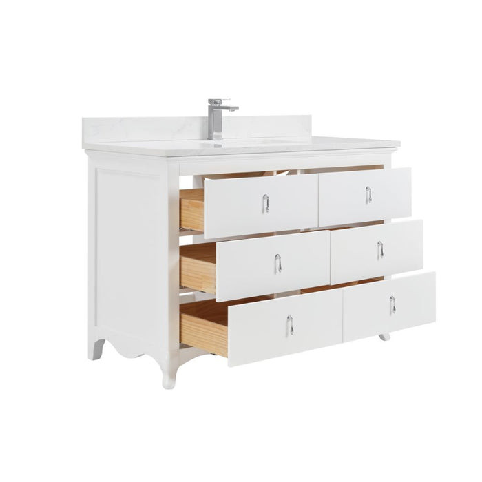 Leyton 48" White Single Sink Vanity - Solid Wood Construction with 1" Stone Countertop & 6 Drawers