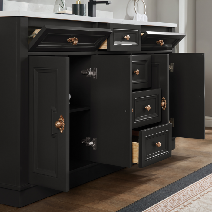 Louvain 60" Tricorn Black Freestanding Bathroom Vanity with Stone Countertop and Soft-Close Drawers
