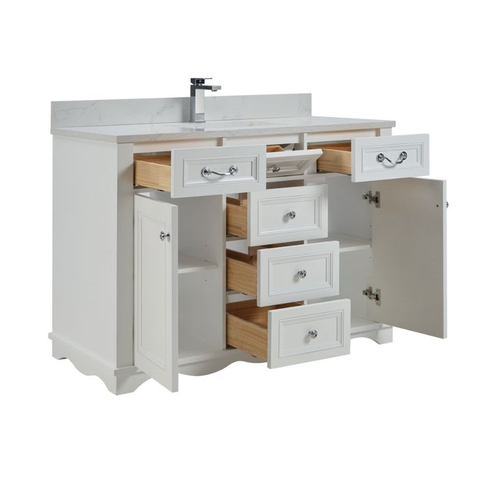 Arielle 48" White Wood Single Sink Vanity Cabinet - Artificial Stone Countertop, Soft-Close Doors & 5 Drawers