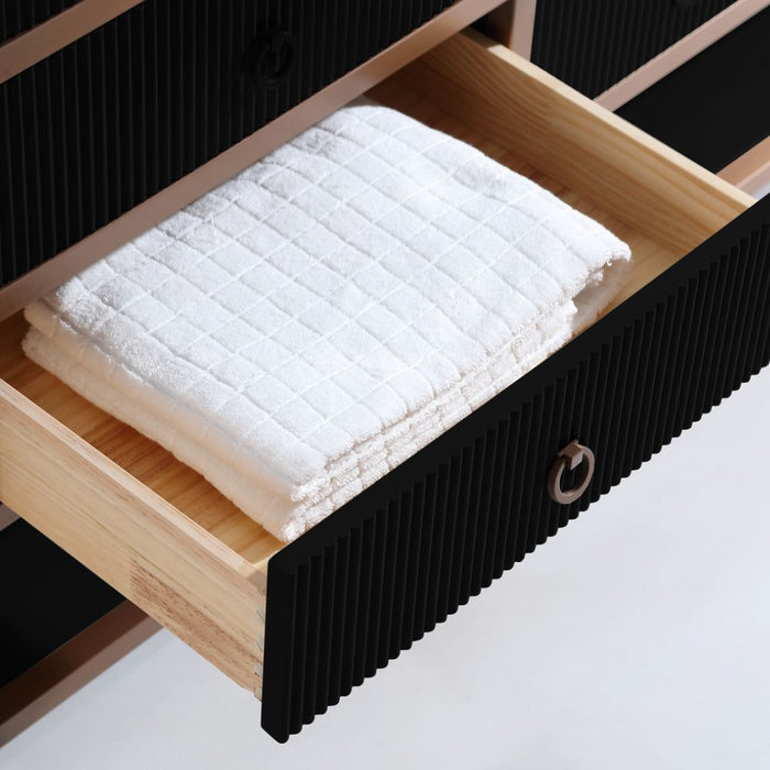 FusionBath Premium 36" Tricorn Black Oak Wood Vanity – Golden Brushed Steel Frame with White Artificial Stone Top & Soft-Close Drawers