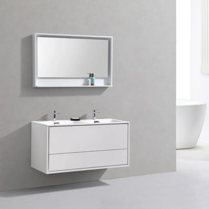 DeLusso 48" Double Sink High Glossy White Wall Mount Modern Bathroom Vanity