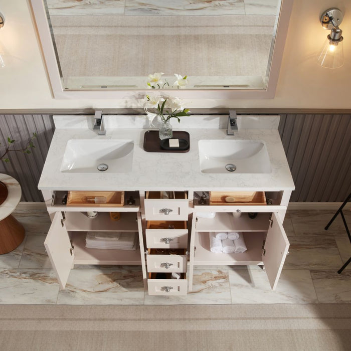 Cassandra 60" Solid Wood Bathroom Vanity White Finish Undermount Sink & Stone Top