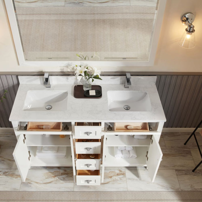 Miren 60" White Classic Solid Wood Bathroom Vanity with Artificial Stone Top, 6 Drawers & 4 Doors