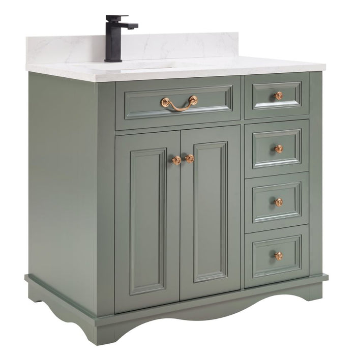 Sanaki 36" Solid Wood Bath Vanity French Contemporary Pewter Green Finish with Artificial Stone Top & 4 Drawers