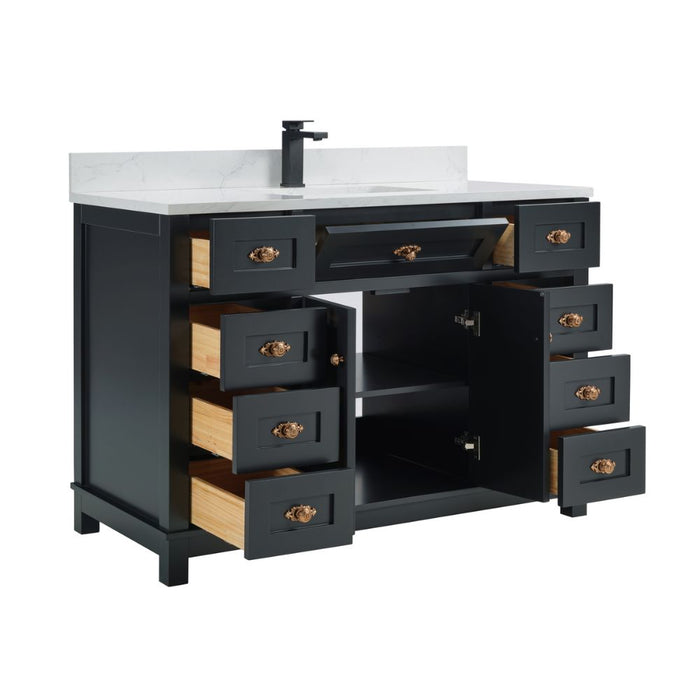 Haversham 48" Tricorn Black Free-Standing Single Vanity - Solid Wood Construction with 8 Dovetail Drawers & Stone Top