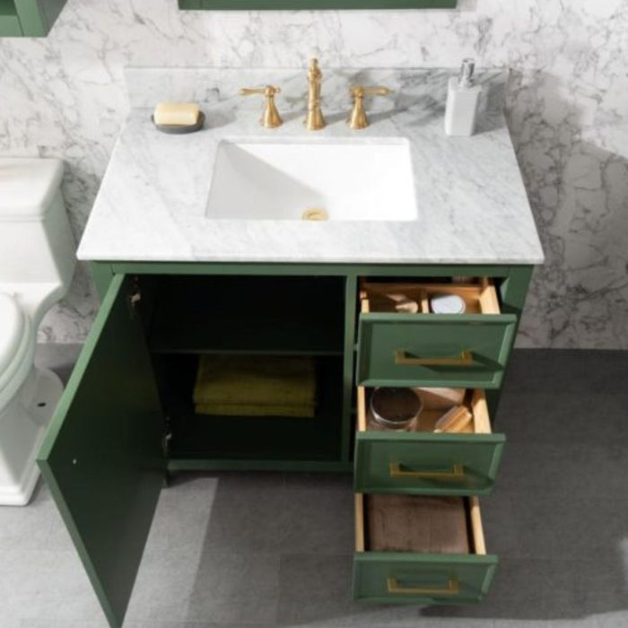 36" Luminescence Green Finish Bathroom Vanity - Carrara Marble Countertop with Ceramic Sink & Soft-Close Drawers