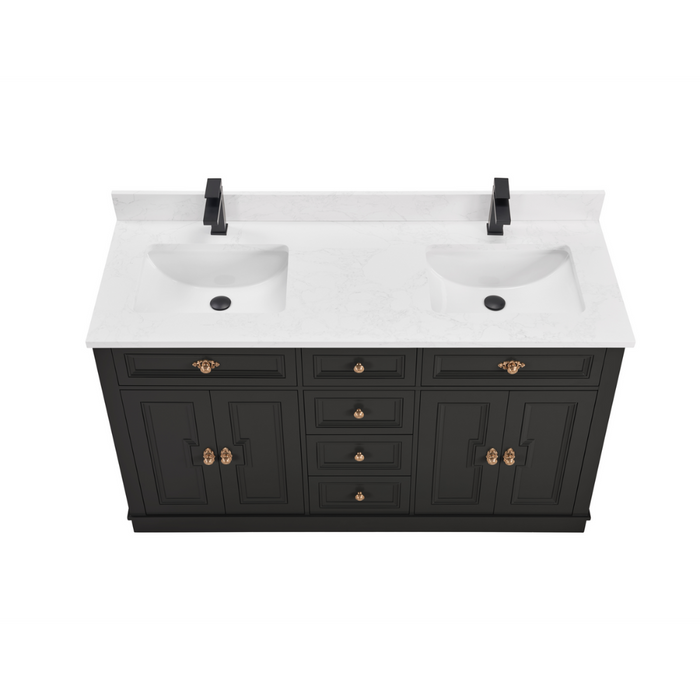 Louvain 60" Tricorn Black Freestanding Bathroom Vanity with Stone Countertop and Soft-Close Drawers