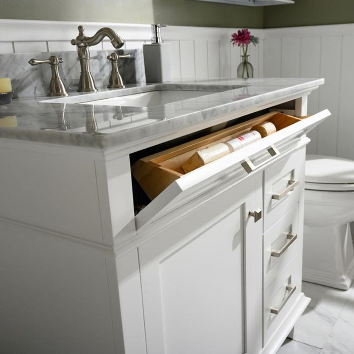 Mozaika 36" White Bathroom Vanity with Carrara Marble Countertop, Ceramic Sink & Tilt-Out Tray