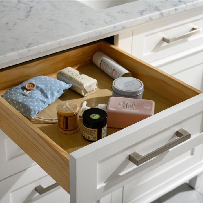 Sandrine 60" White Wood Double Vanity – Carrara Top & Storage Drawers