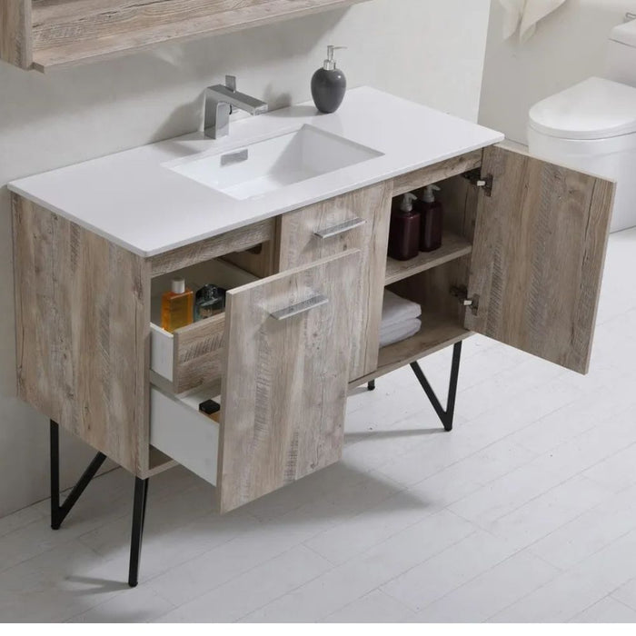 Tiriaq 48" Modern Bathroom Vanity with Quartz Top and Wood Mirror – Contemporary Style with Designer Legs