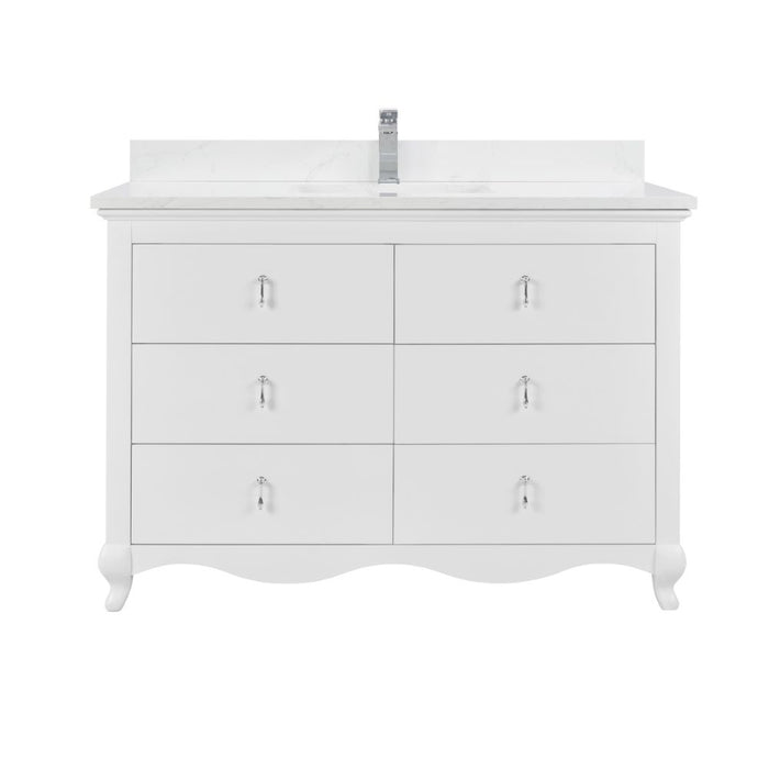 Leyton 48" White Single Sink Vanity - Solid Wood Construction with 1" Stone Countertop & 6 Drawers