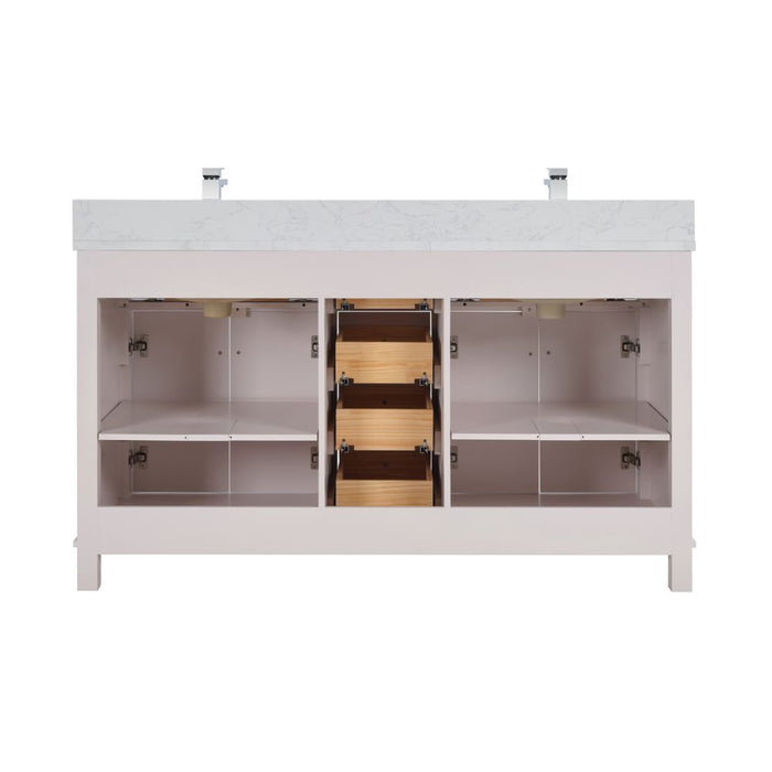 Cassandra 60" Solid Wood Bathroom Vanity White Finish Undermount Sink & Stone Top
