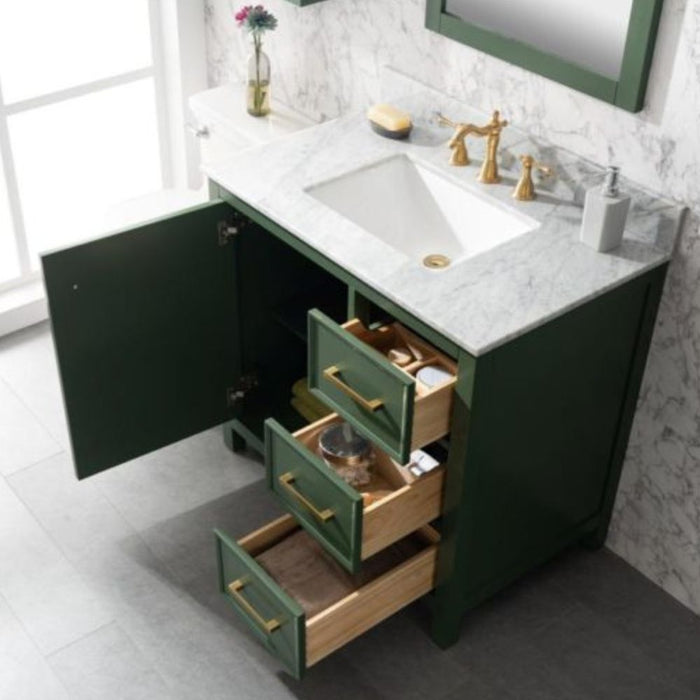 36" Luminescence Green Finish Bathroom Vanity - Carrara Marble Countertop with Ceramic Sink & Soft-Close Drawers