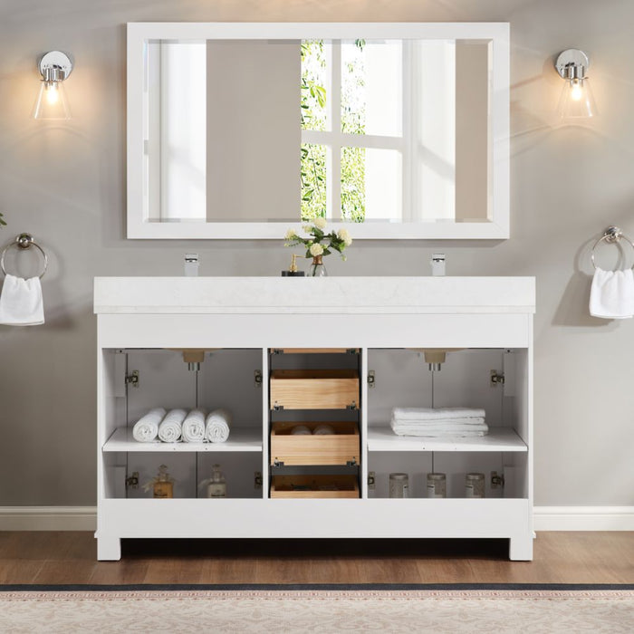 Aveneil Classic 60" White Solid Wood Single Sink Bathroom Vanity with Artificial Stone Top and Soft-Close Drawers