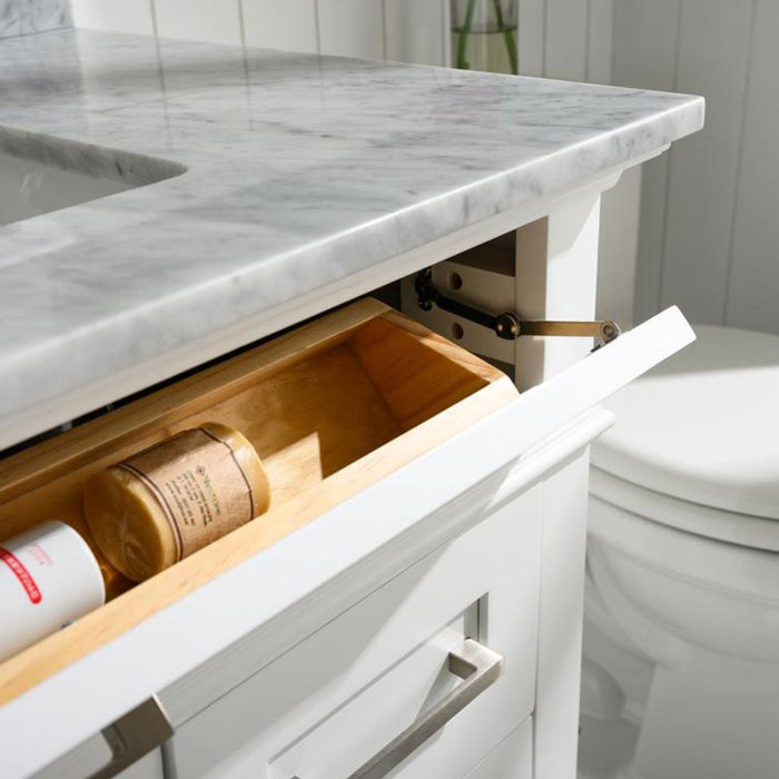 Mozaika 36" White Bathroom Vanity with Carrara Marble Countertop, Ceramic Sink & Tilt-Out Tray