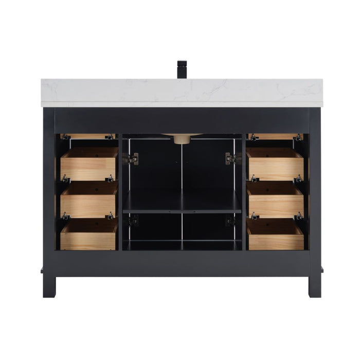 Haversham 48" Tricorn Black Free-Standing Single Vanity - Solid Wood Construction with 8 Dovetail Drawers & Stone Top