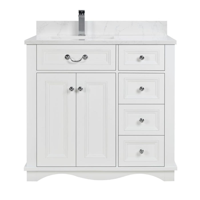 Vologne 36" White Solid Wood Bathroom Vanity Cabinet with Artificial Stone Top, Soft-Close Drawers & Dovetail Construction
