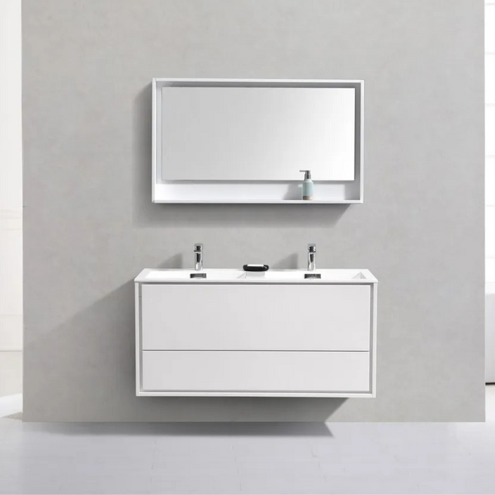 DeLusso 48" Double Sink High Glossy White Wall Mount Modern Bathroom Vanity