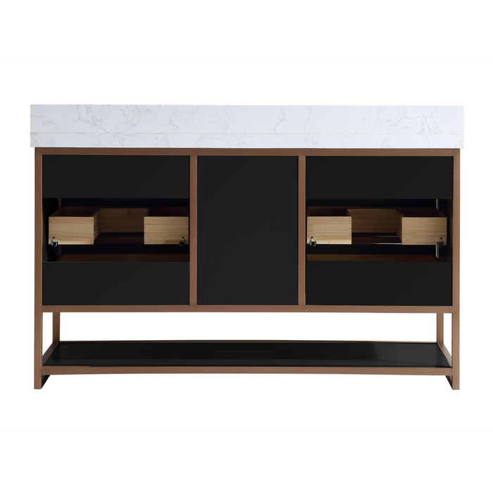 Mabelle 60" Tricorn Black Golden Stainless Steel Double Bathroom Vanity – Modern Oak Frame with White Stone Top