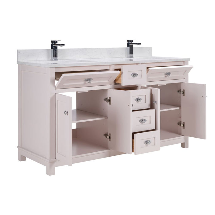 Cassandra 60" Solid Wood Bathroom Vanity White Finish Undermount Sink & Stone Top