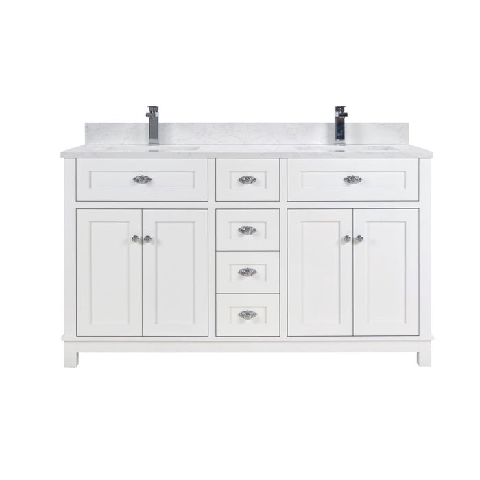 Miren 60" White Classic Solid Wood Bathroom Vanity with Artificial Stone Top, 6 Drawers & 4 Doors