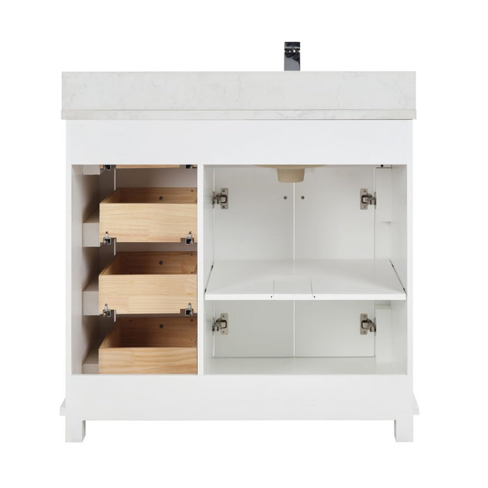 Vologne 36" White Solid Wood Bathroom Vanity Cabinet with Artificial Stone Top, Soft-Close Drawers & Dovetail Construction