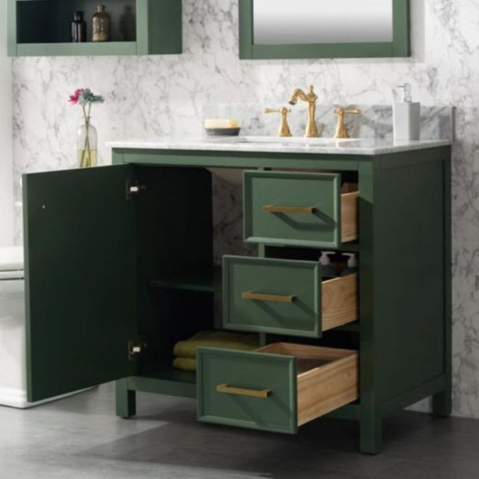 36" Luminescence Green Finish Bathroom Vanity - Carrara Marble Countertop with Ceramic Sink & Soft-Close Drawers
