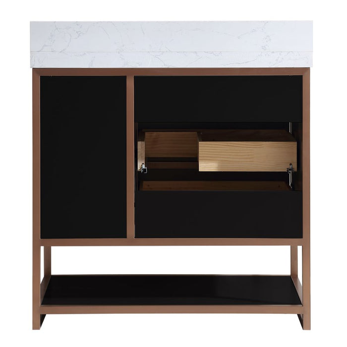 FusionBath Premium 36" Tricorn Black Oak Wood Vanity – Golden Brushed Steel Frame with White Artificial Stone Top & Soft-Close Drawers