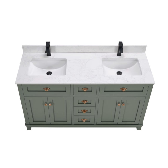 Mathias 60" Pewter Green Wood Bathroom Vanity with 1" Stone Countertop Undermount Sink Soft Close Hardware