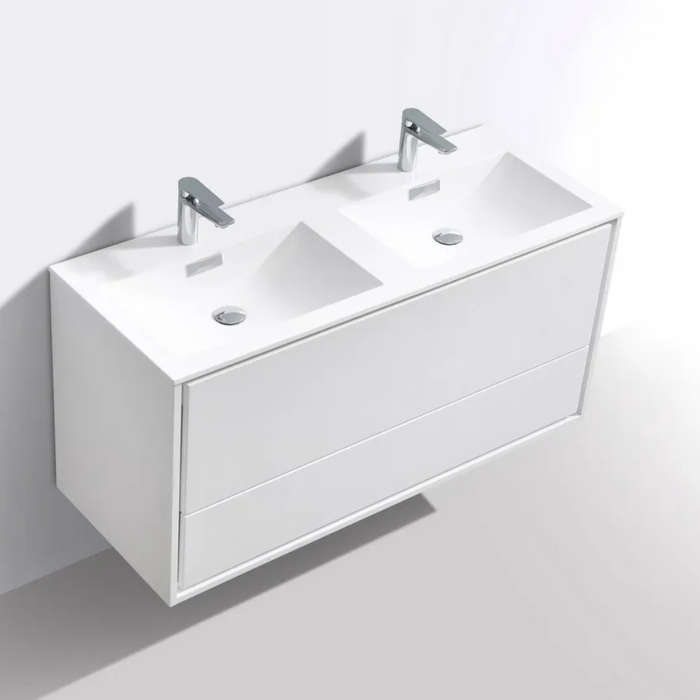 DeLusso 48" Double Sink High Glossy White Wall Mount Modern Bathroom Vanity